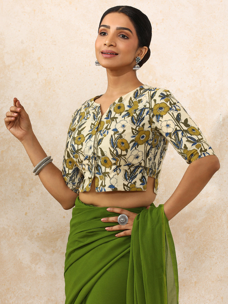 Devika x Rozaana | Elbow Sleeves Saree Blouse in Cream Meadow Block Print Cotton-Binks