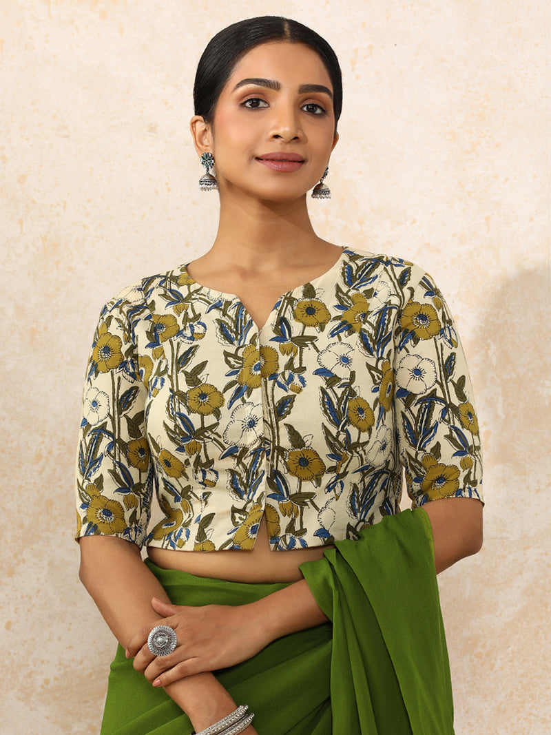 Devika x Rozaana | Elbow Sleeves Saree Blouse in Cream Meadow Block Print Cotton-Binks