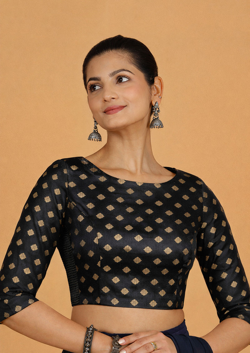 Dhara x Tyohaar | Three Quarter Sleeves Black Butta Satin Viscose Saree Blouse-Binks