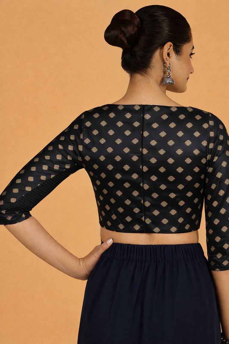 Dhara x Tyohaar Saree Blouse, in Black Butta Satin Viscose, featuring three quarter sleeves and boat neckline (view 2).