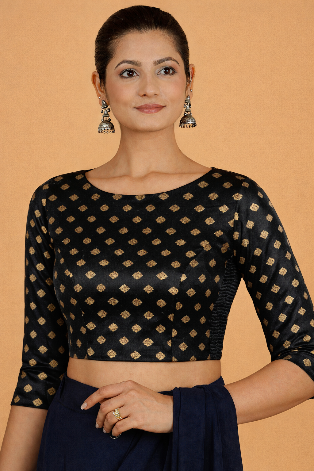 Dhara x Tyohaar Saree Blouse, in Black Butta Satin Viscose, featuring three quarter sleeves and boat neckline (view 5).