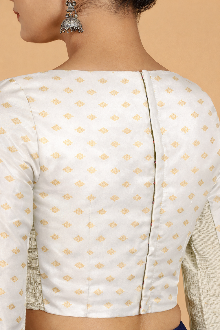 Dhara x Tyohaar Saree Blouse, in White Butta Satin Viscose, featuring three quarter sleeves and boat neckline (view 2).
