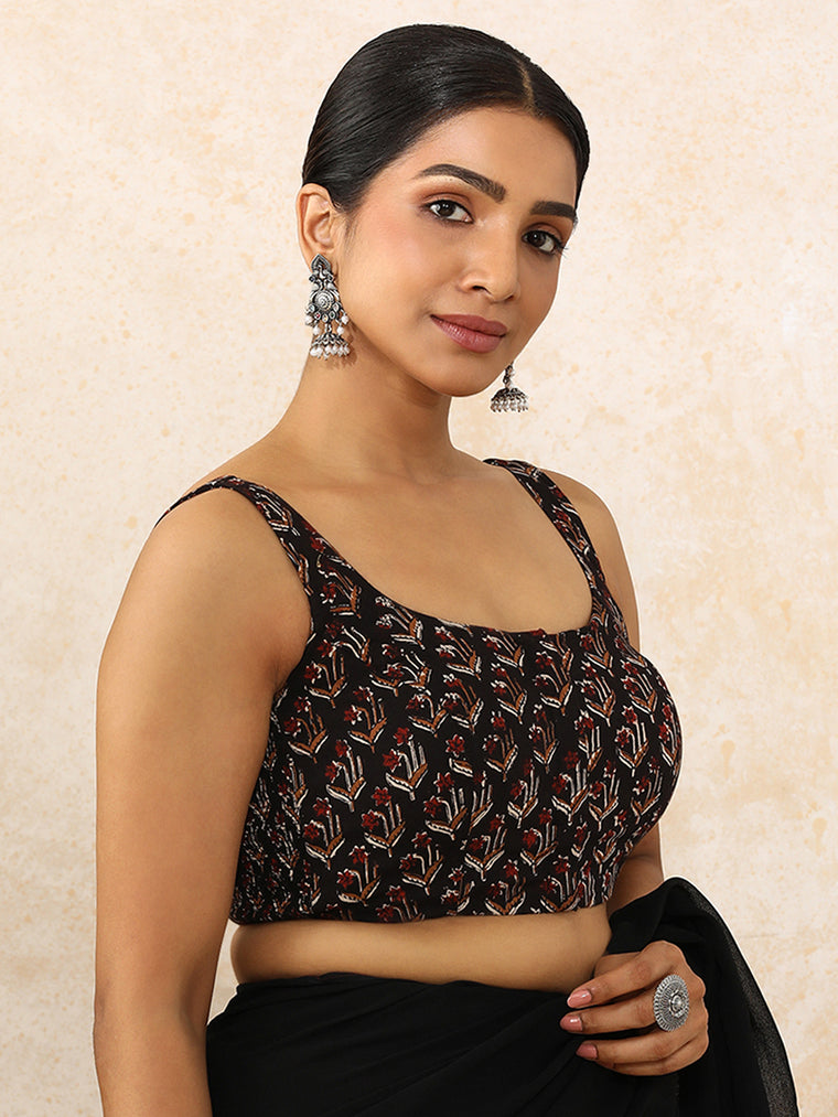Dharini x Rozaana Saree Blouse, in Black 100% Cotton - Block Printed, featuring sleeveless and round neckline.