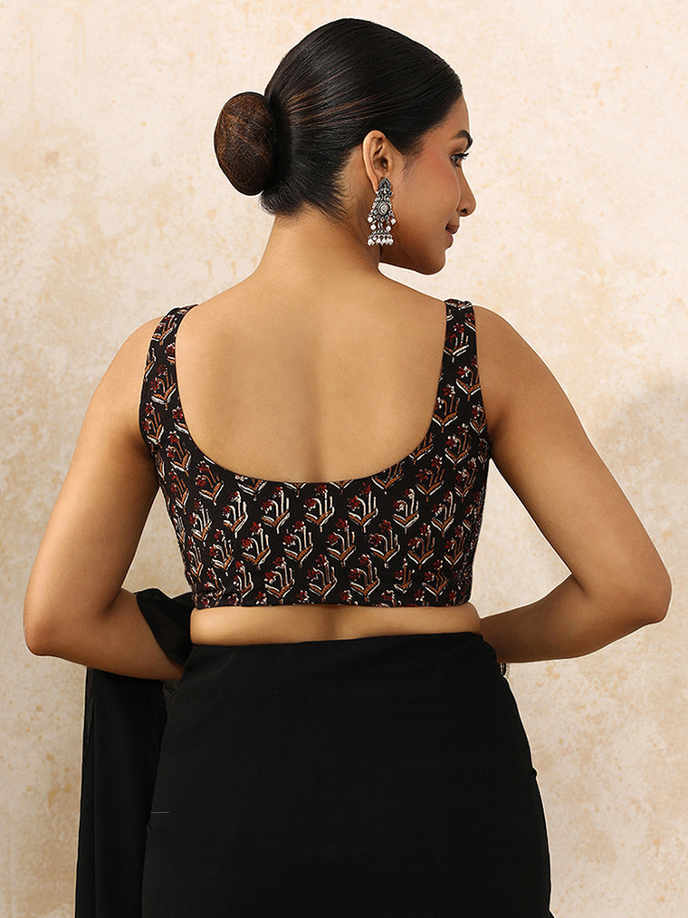 Dharini x Rozaana Saree Blouse, in Black 100% Cotton - Block Printed, featuring sleeveless and round neckline (view 2).