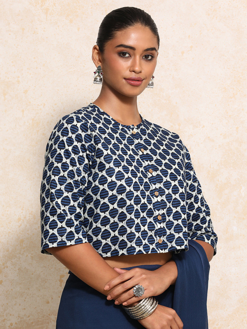 Dhriti x Rozaana | Elbow Sleeves Saree Blouse in Indigo Blue Leaf Block Print Cotton-Binks