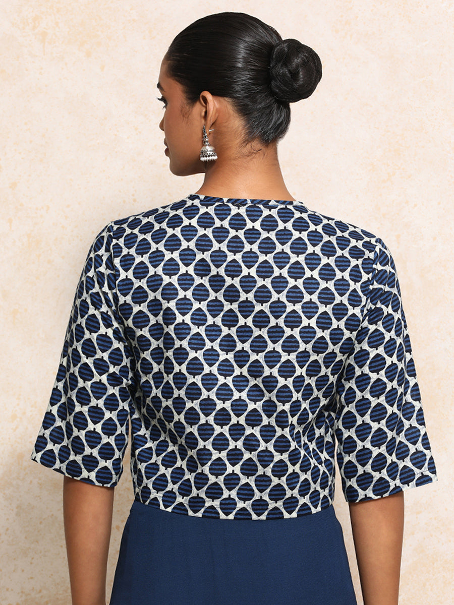 Dhriti x Rozaana Saree Blouse, in Blue 100% Cotton - Block Printed, featuring elbow sleeves and jewel neckline (view 2).
