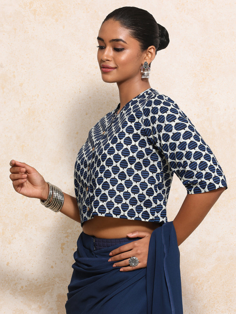 Dhriti x Rozaana | Elbow Sleeves Saree Blouse in Indigo Blue Leaf Block Print Cotton-Binks