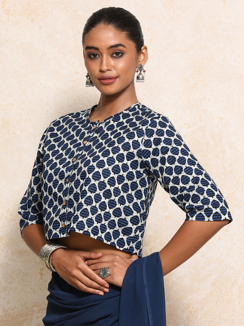 Dhriti x Rozaana | Elbow Sleeves Saree Blouse in Indigo Blue Leaf Block Print Cotton-Binks
