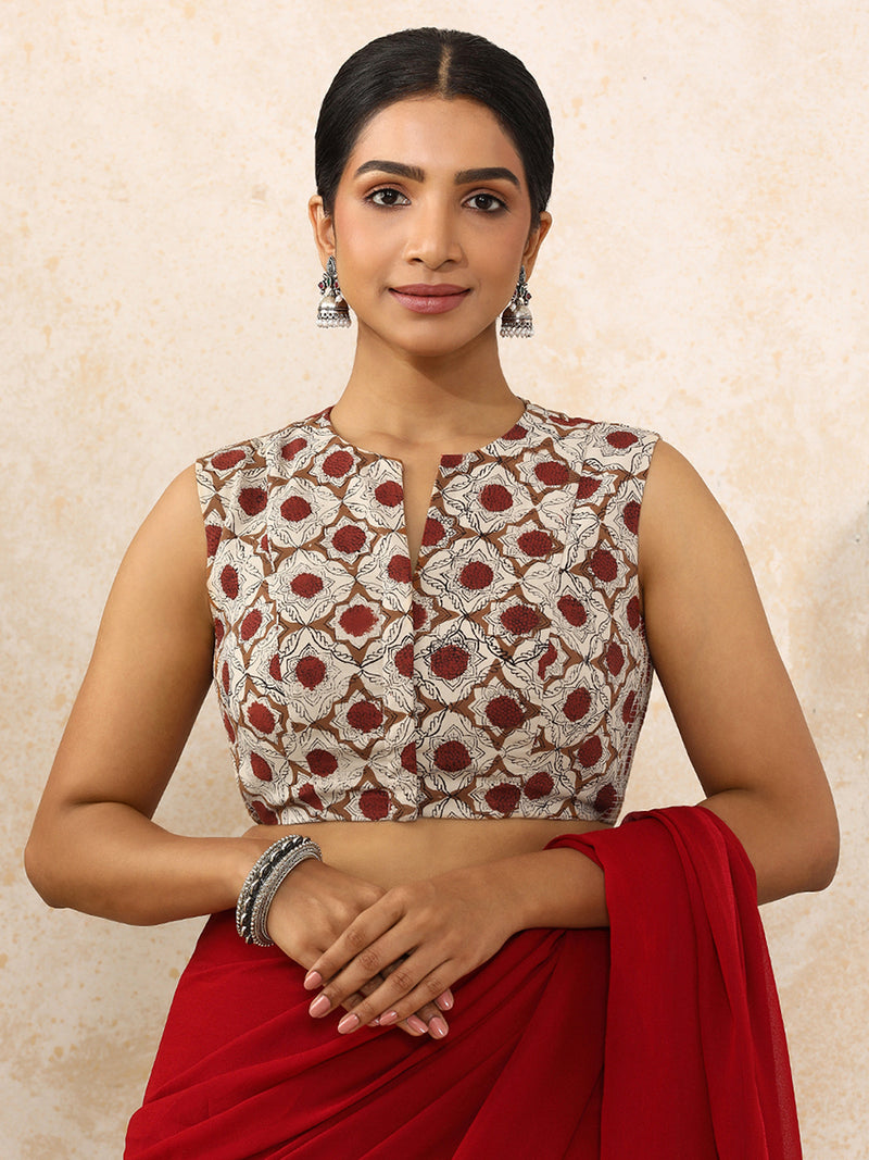 Dia x Rozaana Saree Blouse, in Cream 100% Cotton - Block Printed, featuring sleeveless and jewel neckline.