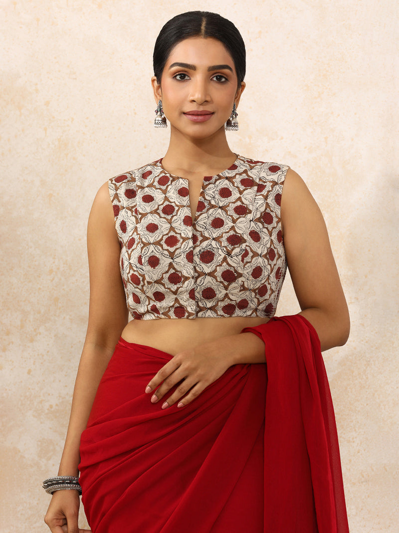 Dia x Rozaana Saree Blouse, in Cream 100% Cotton - Block Printed, featuring sleeveless and jewel neckline (view 8).