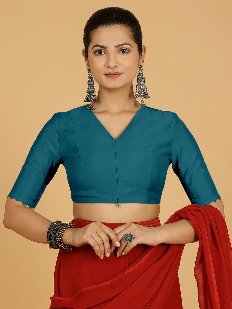 Divya x Rozaana Saree Blouse, in Blue Viscose, featuring elbow sleeves and v-neckline, made for daily & work.