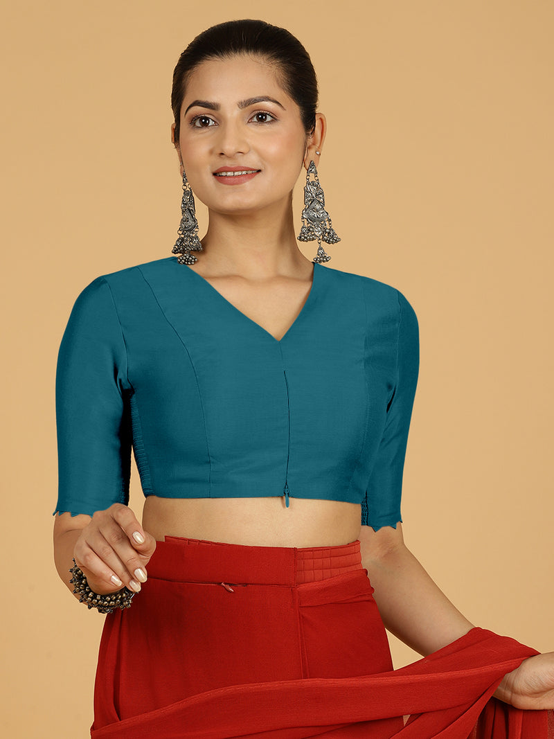 Divya x Rozaana | Elbow Sleeves Saree Blouse in Crystal Teal-Binks