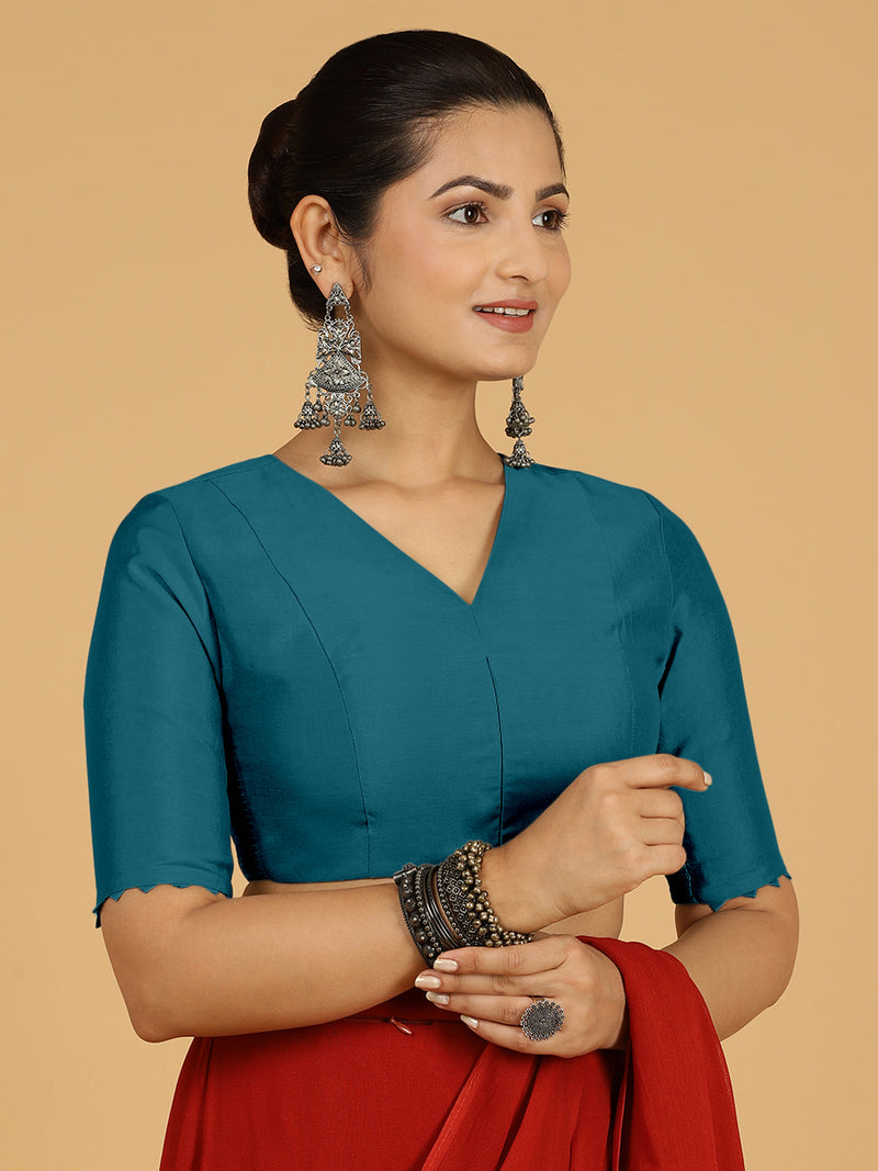 Divya x Rozaana | Elbow Sleeves Saree Blouse in Crystal Teal-Binks
