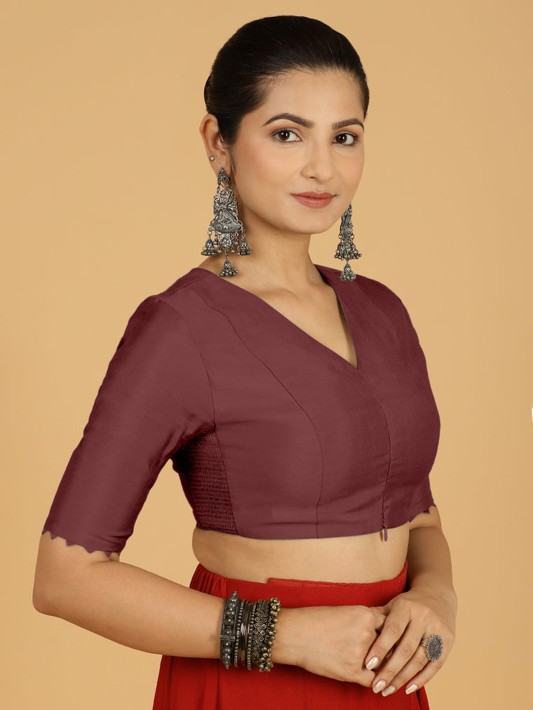 Divya x Rozaana Saree Blouse, in Maroon Viscose, featuring elbow sleeves and v-neckline, made for daily & work.