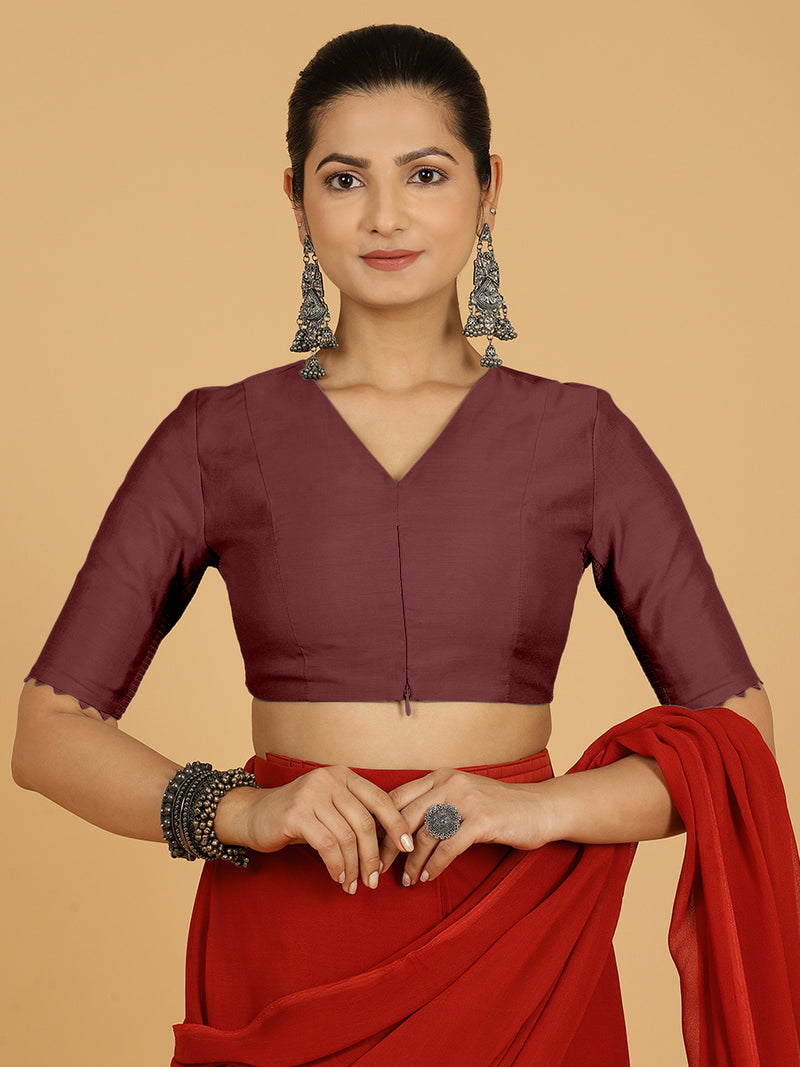 Divya x Rozaana | Elbow Sleeves Saree Blouse in Deep Maroon-Binks