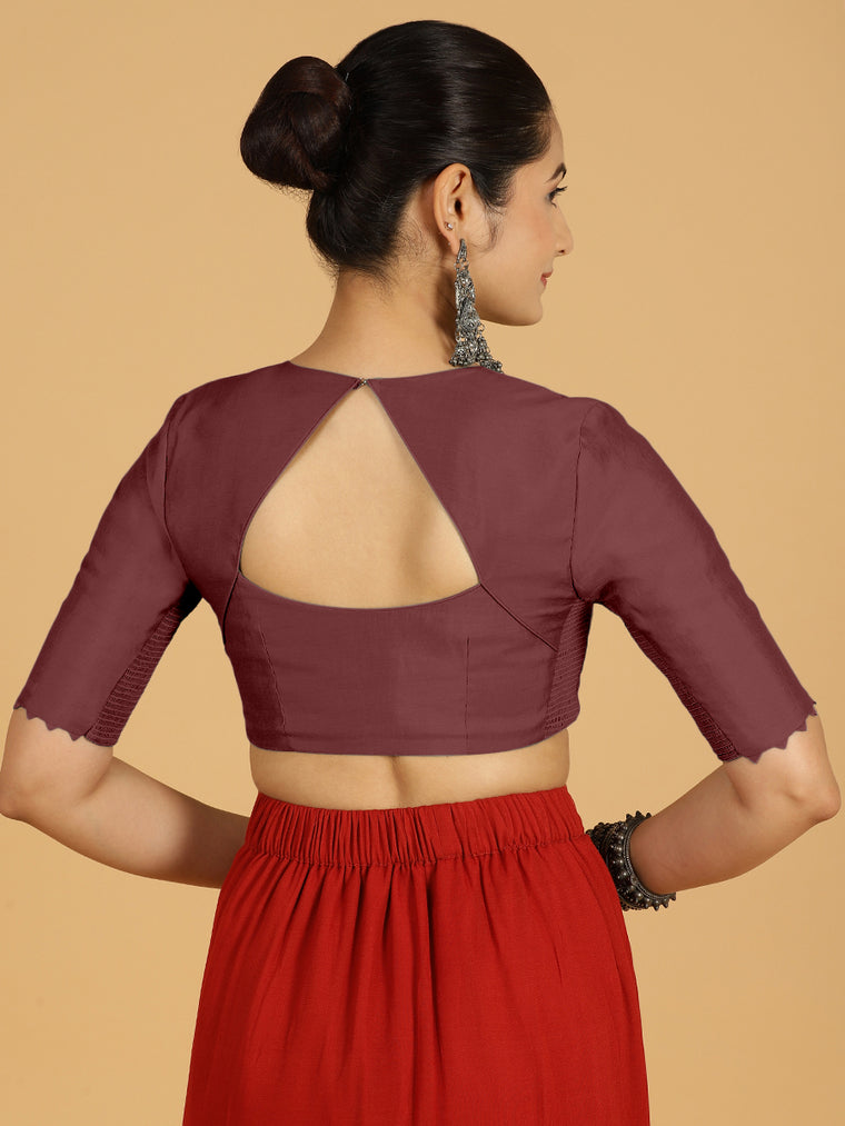 Divya x Rozaana Saree Blouse, in Maroon Viscose, featuring elbow sleeves and v-neckline, made for daily & work (view 2).
