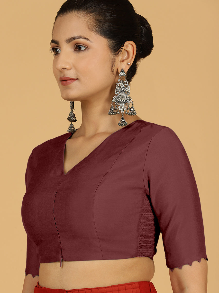 Divya x Rozaana Saree Blouse, in Maroon Viscose, featuring elbow sleeves and v-neckline, made for daily & work (view 5).