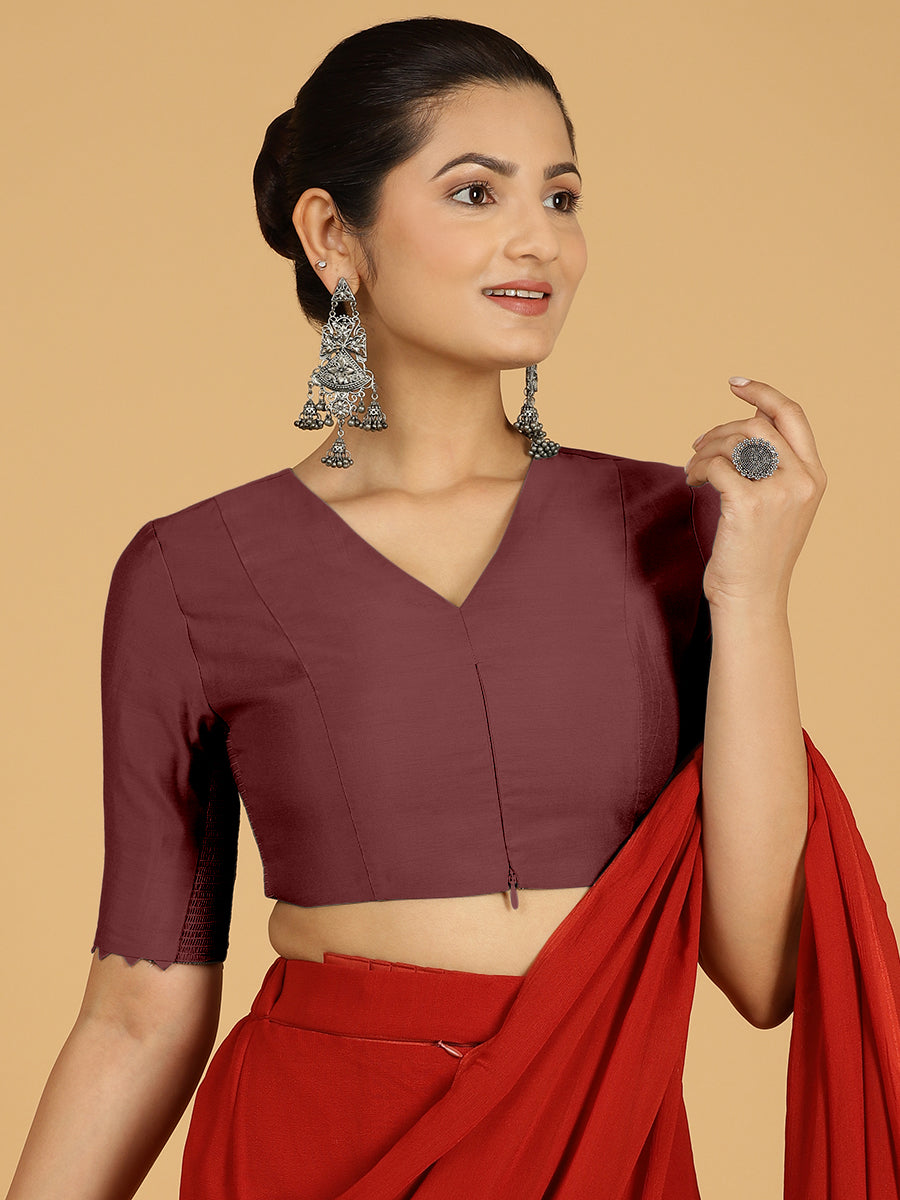 Divya x Rozaana Saree Blouse, in Maroon Viscose, featuring elbow sleeves and v-neckline, made for daily & work (view 6).