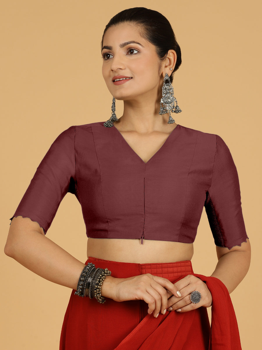 Divya x Rozaana Saree Blouse, in Maroon Viscose, featuring elbow sleeves and v-neckline, made for daily & work (view 7).