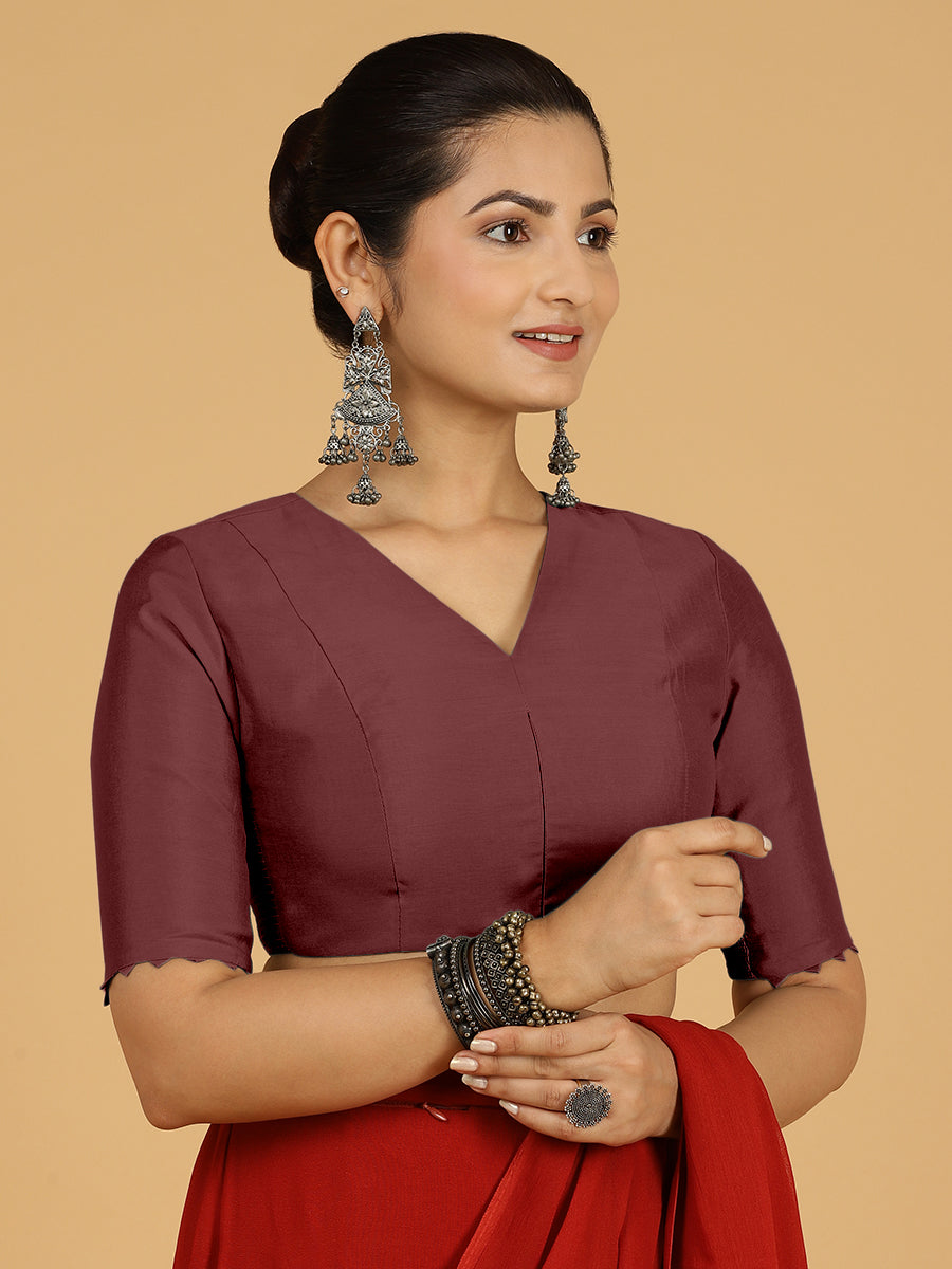 Divya x Rozaana Saree Blouse, in Maroon Viscose, featuring elbow sleeves and v-neckline, made for daily & work (view 8).