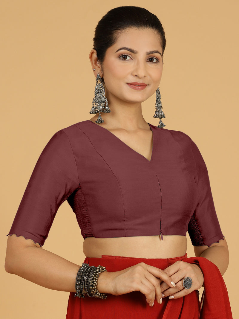 Divya x Rozaana | Elbow Sleeves Saree Blouse in Deep Maroon-Binks