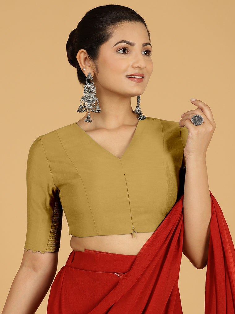 Divya x Rozaana Saree Blouse, in Yellow Viscose, featuring elbow sleeves and v-neckline, made for daily & work.