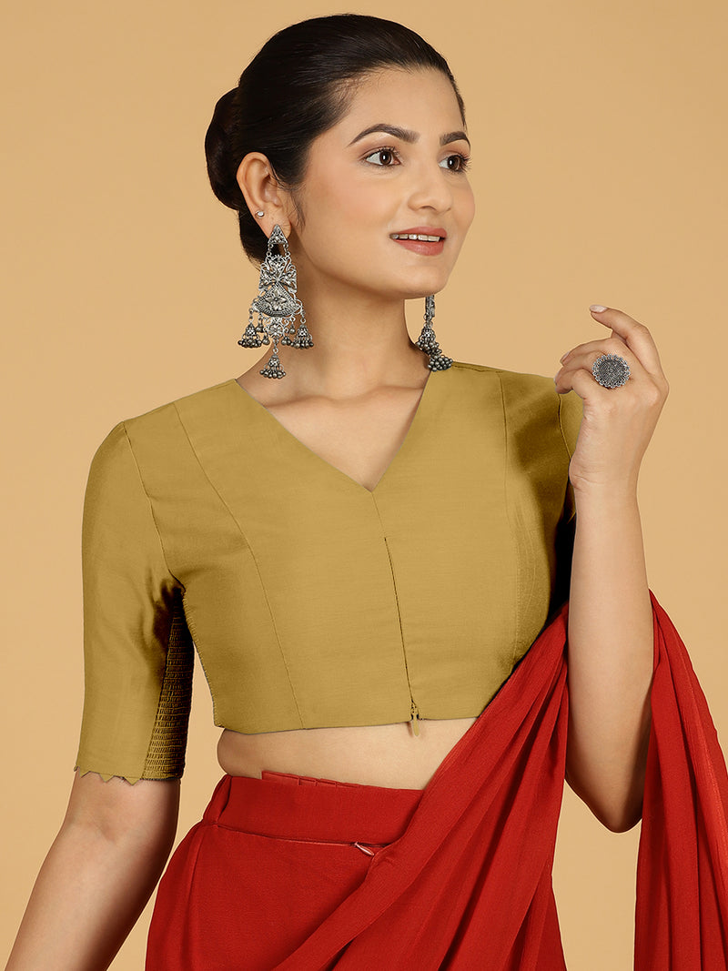 Divya x Rozaana | Elbow Sleeves Saree Blouse in Dijon Mustard-Binks