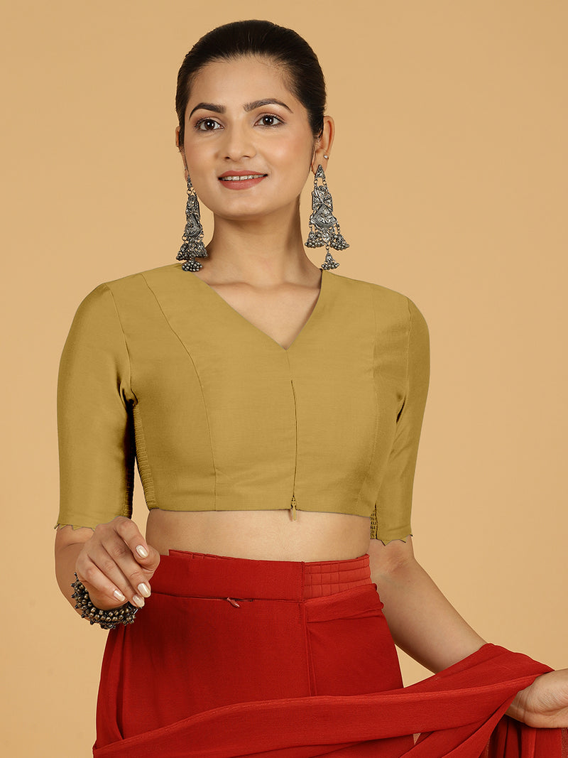 Divya x Rozaana | Elbow Sleeves Saree Blouse in Dijon Mustard-Binks