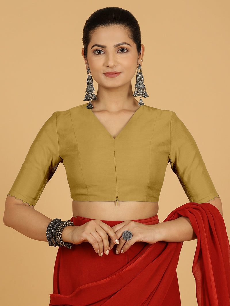 Divya x Rozaana | Elbow Sleeves Saree Blouse in Dijon Mustard-Binks
