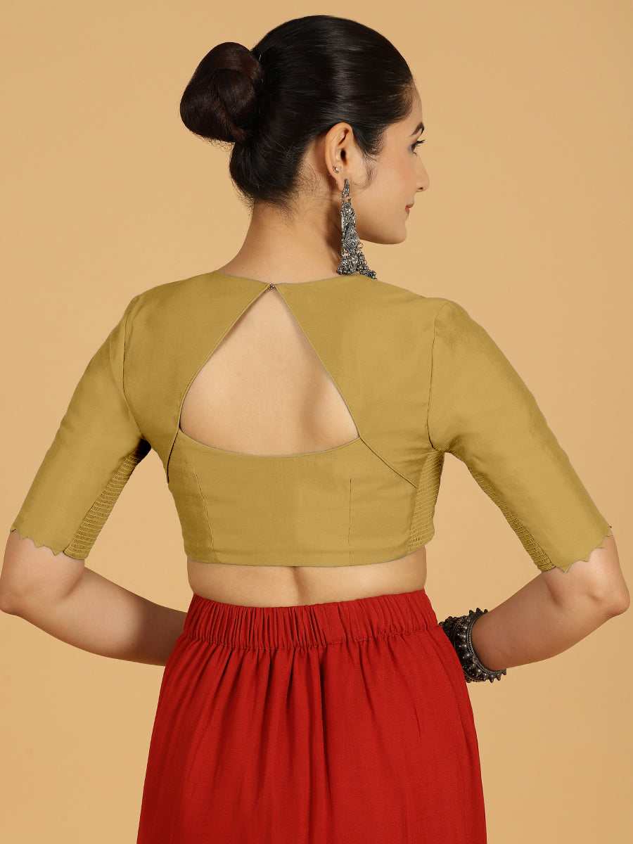 Divya x Rozaana Saree Blouse, in Yellow Viscose, featuring elbow sleeves and v-neckline, made for daily & work (view 2).