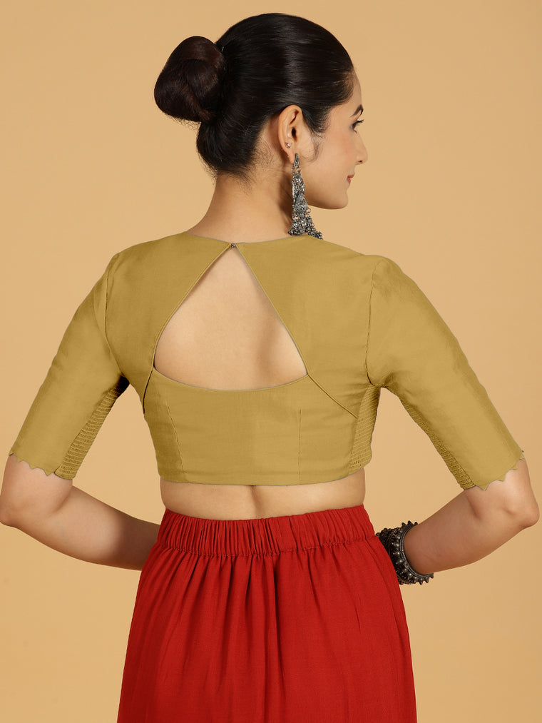 Divya x Rozaana Saree Blouse, in Yellow Viscose, featuring elbow sleeves and v-neckline, made for daily & work (view 2).