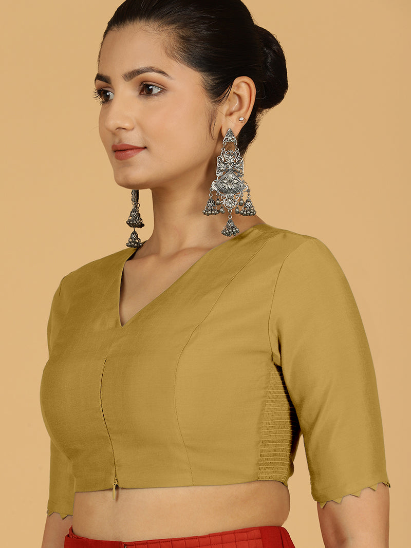 Divya x Rozaana | Elbow Sleeves Saree Blouse in Dijon Mustard-Binks