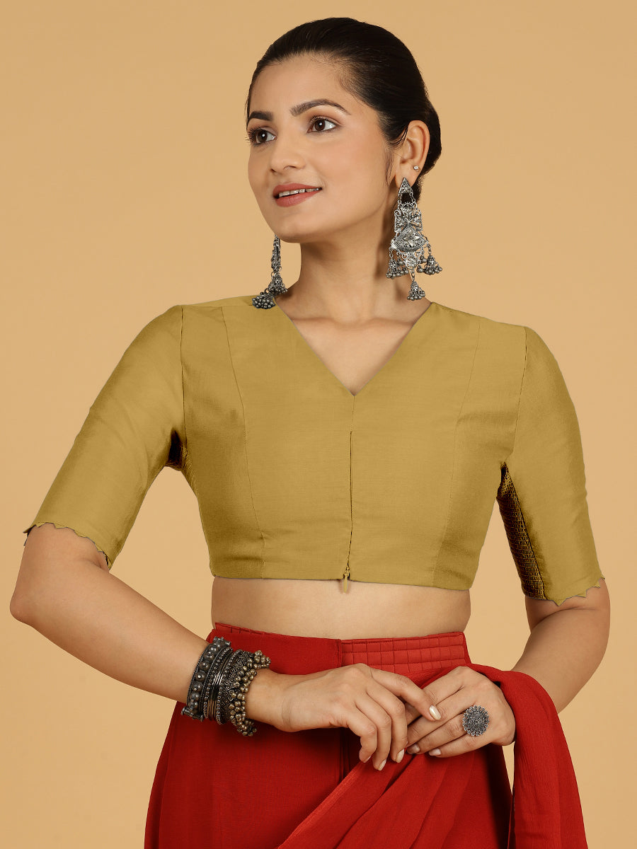 Divya x Rozaana Saree Blouse, in Yellow Viscose, featuring elbow sleeves and v-neckline, made for daily & work (view 7).
