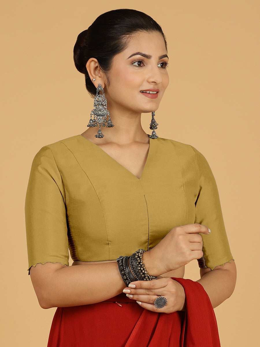 Divya x Rozaana Saree Blouse, in Yellow Viscose, featuring elbow sleeves and v-neckline, made for daily & work (view 8).