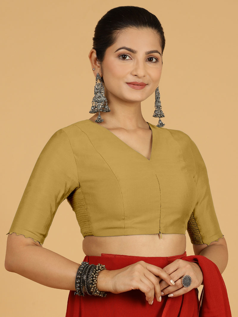 Divya x Rozaana | Elbow Sleeves Saree Blouse in Dijon Mustard-Binks