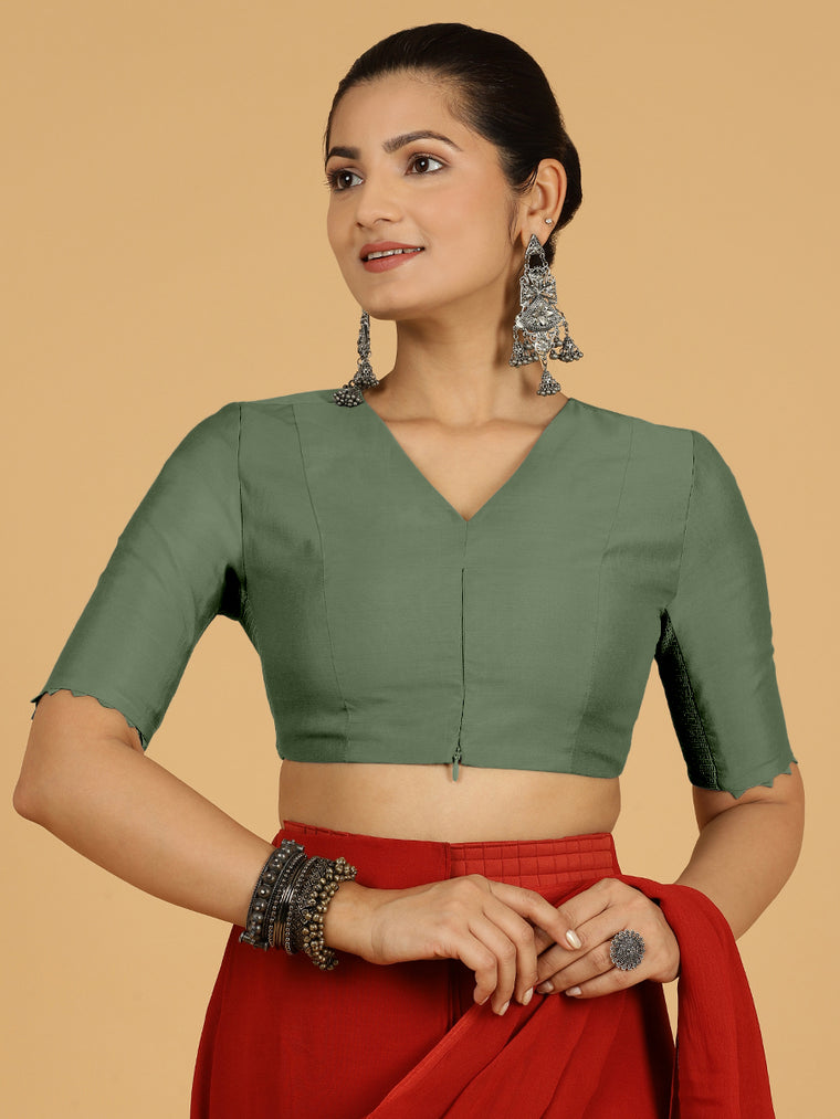Divya x Rozaana Saree Blouse, in Green Viscose, featuring elbow sleeves and v-neckline, made for daily & work.