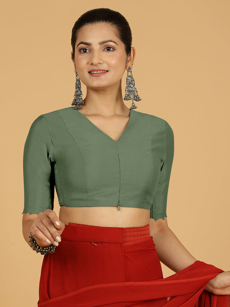 Divya x Rozaana | Elbow Sleeves Saree Blouse in Hunter Green-Binks