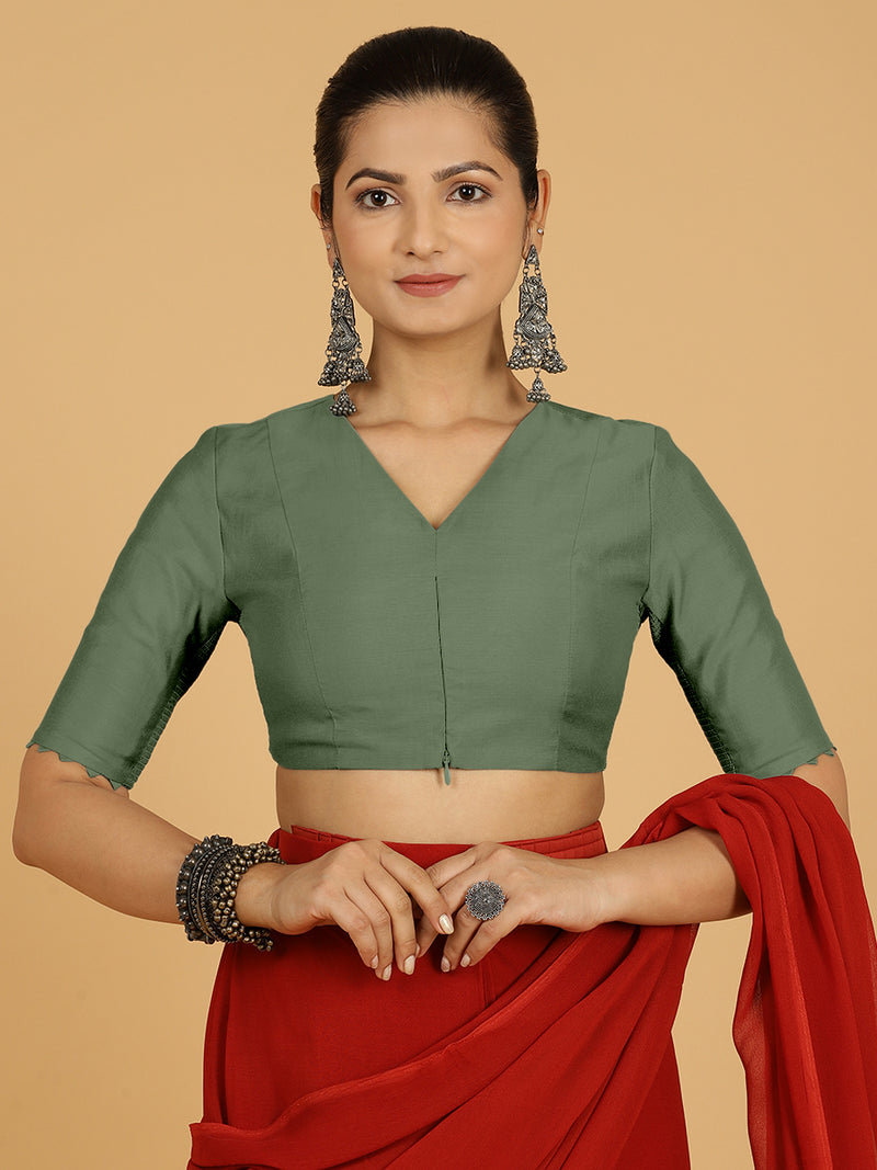 Divya x Rozaana | Elbow Sleeves Saree Blouse in Hunter Green-Binks
