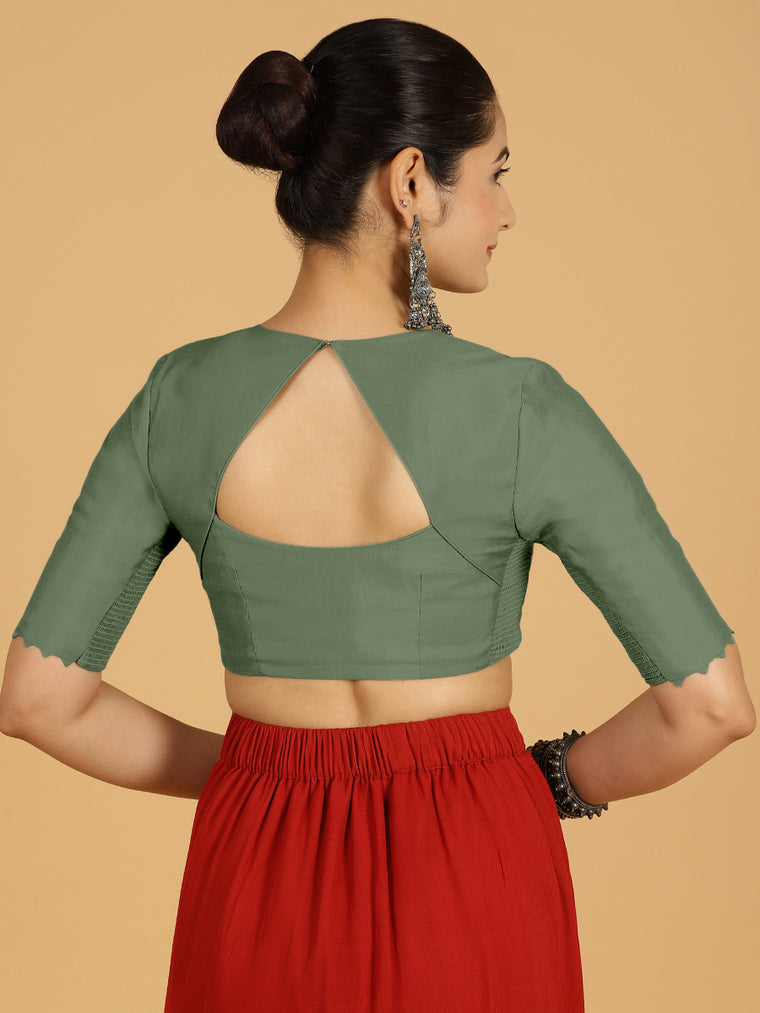 Divya x Rozaana Saree Blouse, in Green Viscose, featuring elbow sleeves and v-neckline, made for daily & work (view 2).