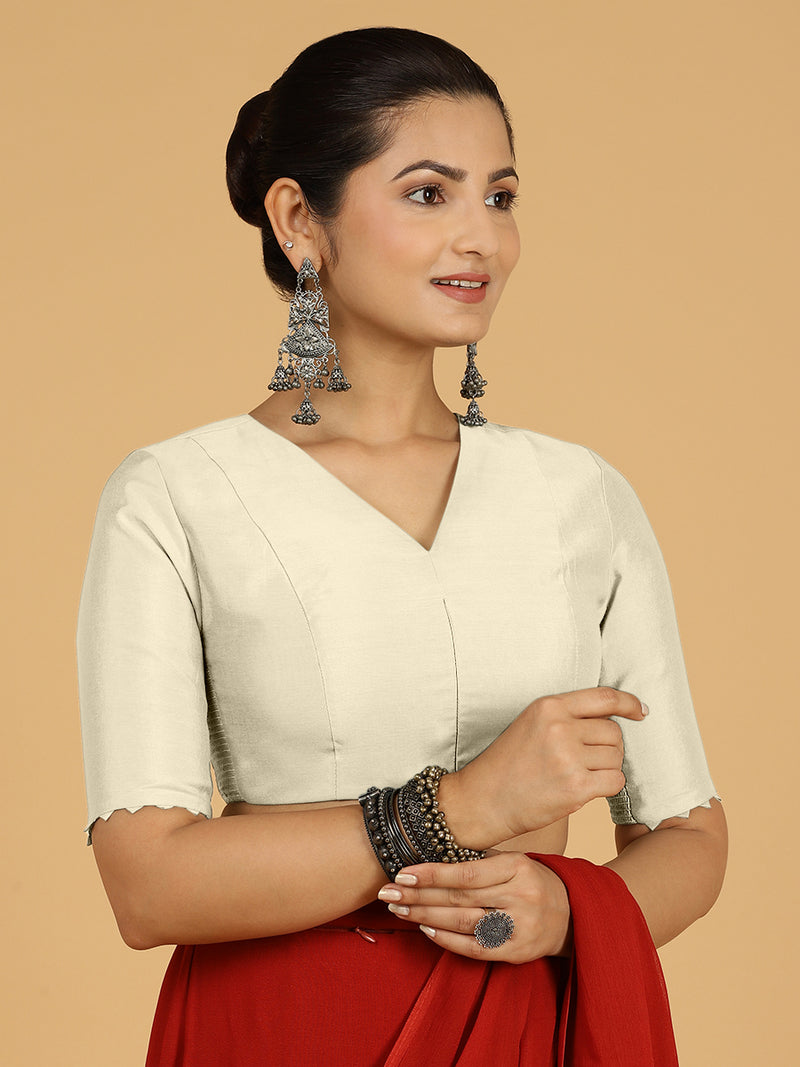 Divya x Rozaana | Elbow Sleeves Saree Blouse in Ivory-Binks