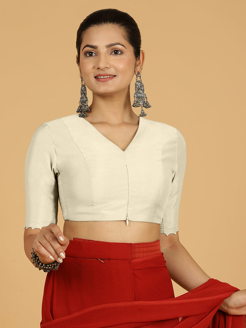 Divya x Rozaana | Elbow Sleeves Saree Blouse in Ivory-Binks