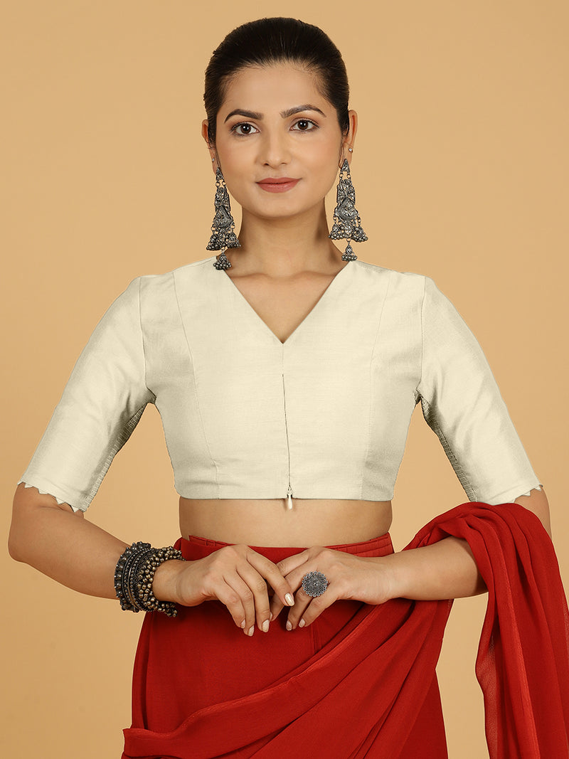 Divya x Rozaana | Elbow Sleeves Saree Blouse in Ivory-Binks