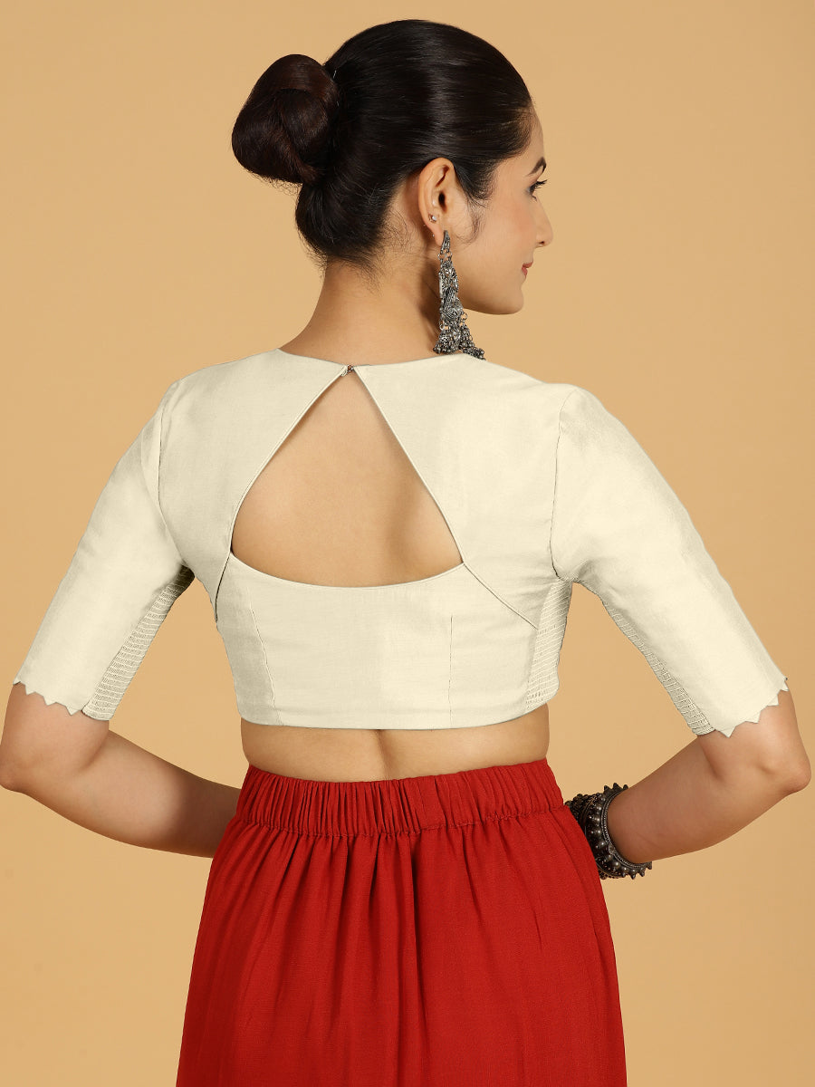 Divya x Rozaana Saree Blouse, in White Viscose, featuring elbow sleeves and v-neckline, made for daily & work (view 2).