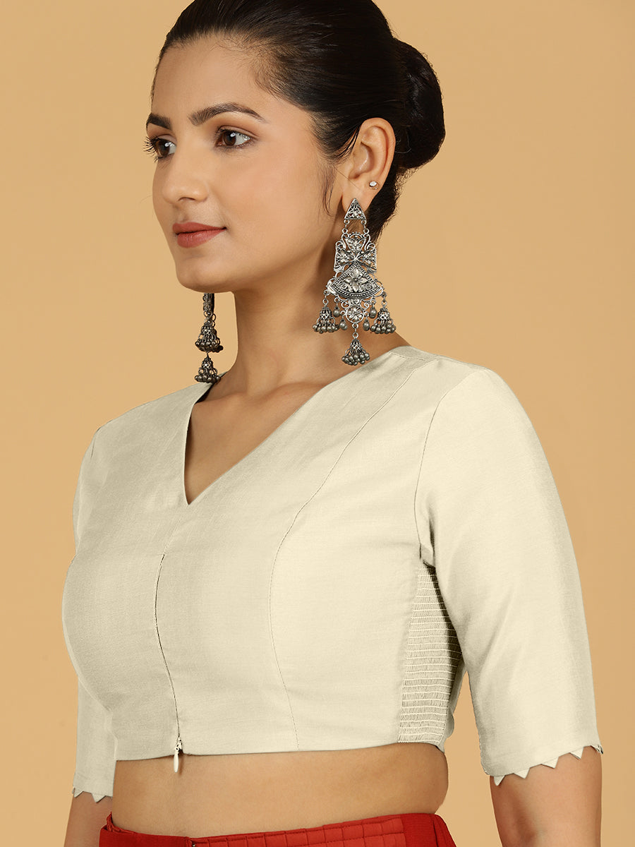 Divya x Rozaana Saree Blouse, in White Viscose, featuring elbow sleeves and v-neckline, made for daily & work (view 5).