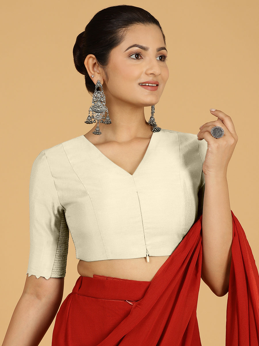 Divya x Rozaana Saree Blouse, in White Viscose, featuring elbow sleeves and v-neckline, made for daily & work (view 7).