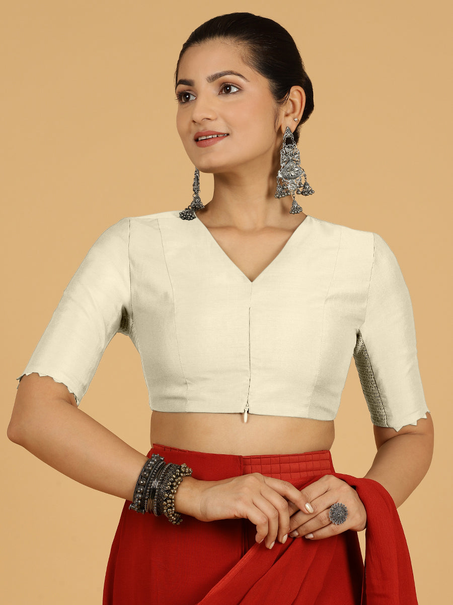 Divya x Rozaana Saree Blouse, in White Viscose, featuring elbow sleeves and v-neckline, made for daily & work (view 8).