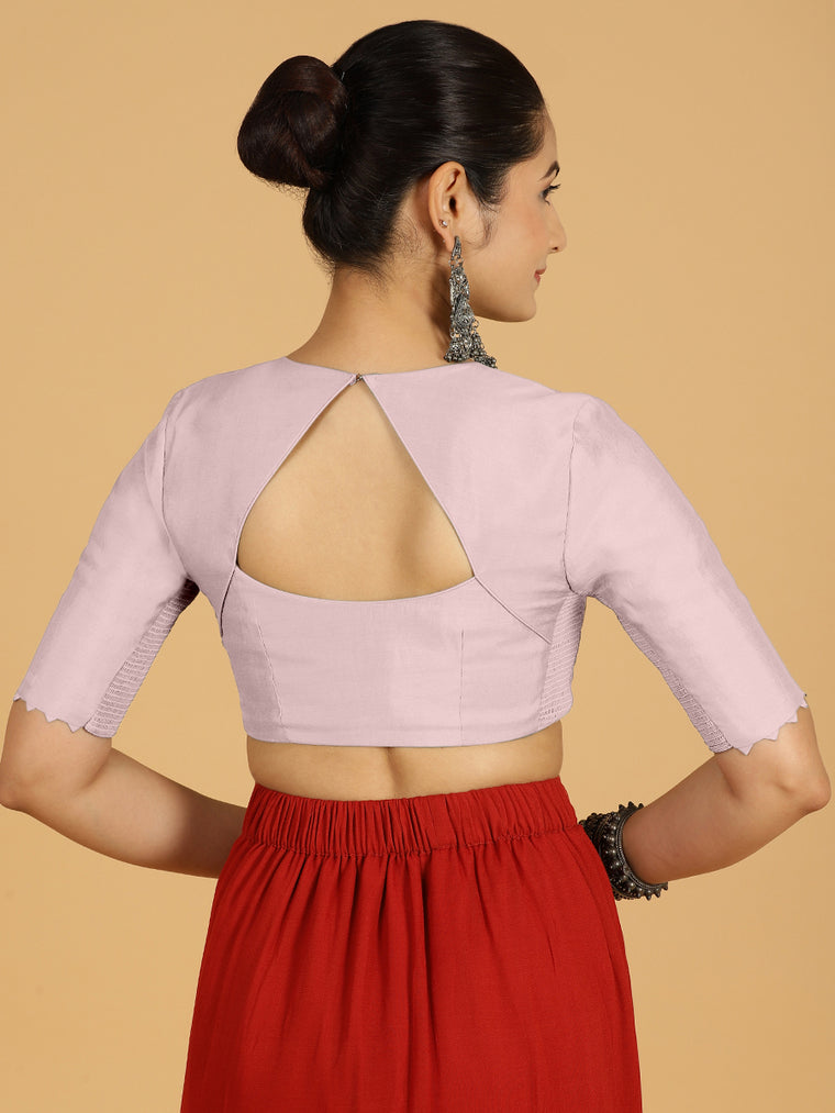 Divya x Rozaana Saree Blouse, in Pink Viscose, featuring elbow sleeves and v-neckline, made for daily & work (view 2).