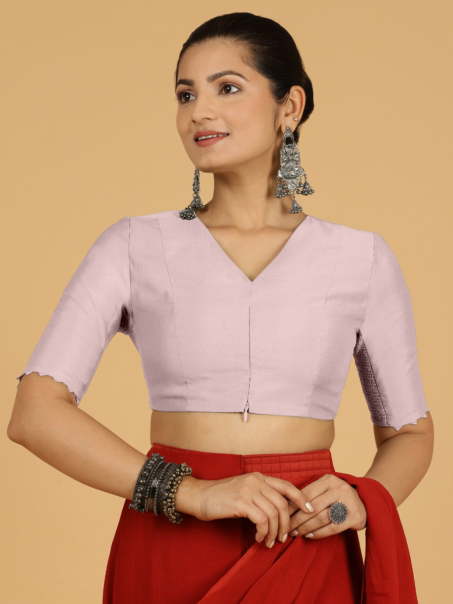 Divya x Rozaana Saree Blouse, in Pink Viscose, featuring elbow sleeves and v-neckline, made for daily & work (view 8).