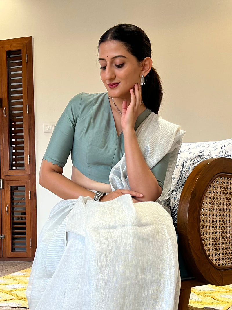 Divya x Rozaana | Elbow Sleeves Saree Blouse in Mint Green-Binks