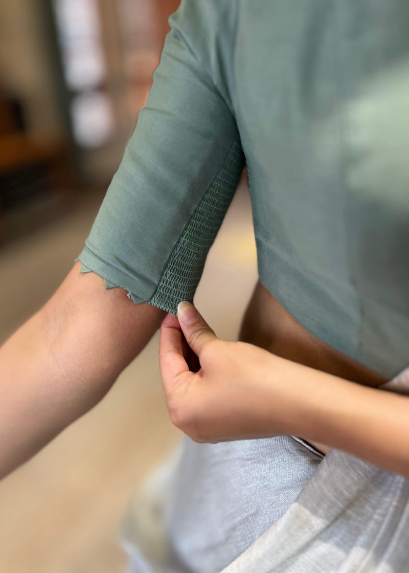 Divya x Rozaana | Elbow Sleeves Saree Blouse in Mint Green-Binks